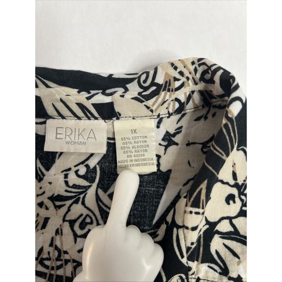 Erika Women’s 1X Black/Ivory Floral Hawaiian Shrt Sleeve Cotton Blend Button Up - Picture 6 of 7